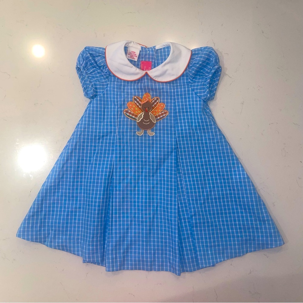 Claire & Charlie Thanksgiving Blue & White Dress Turkey White collar 12 months